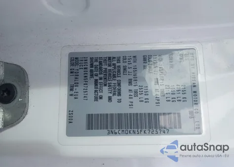 2015 Nissan Nv200 S/Sv z USA, uszkodzony, nr VIN 3N6CM0KN5FK725747